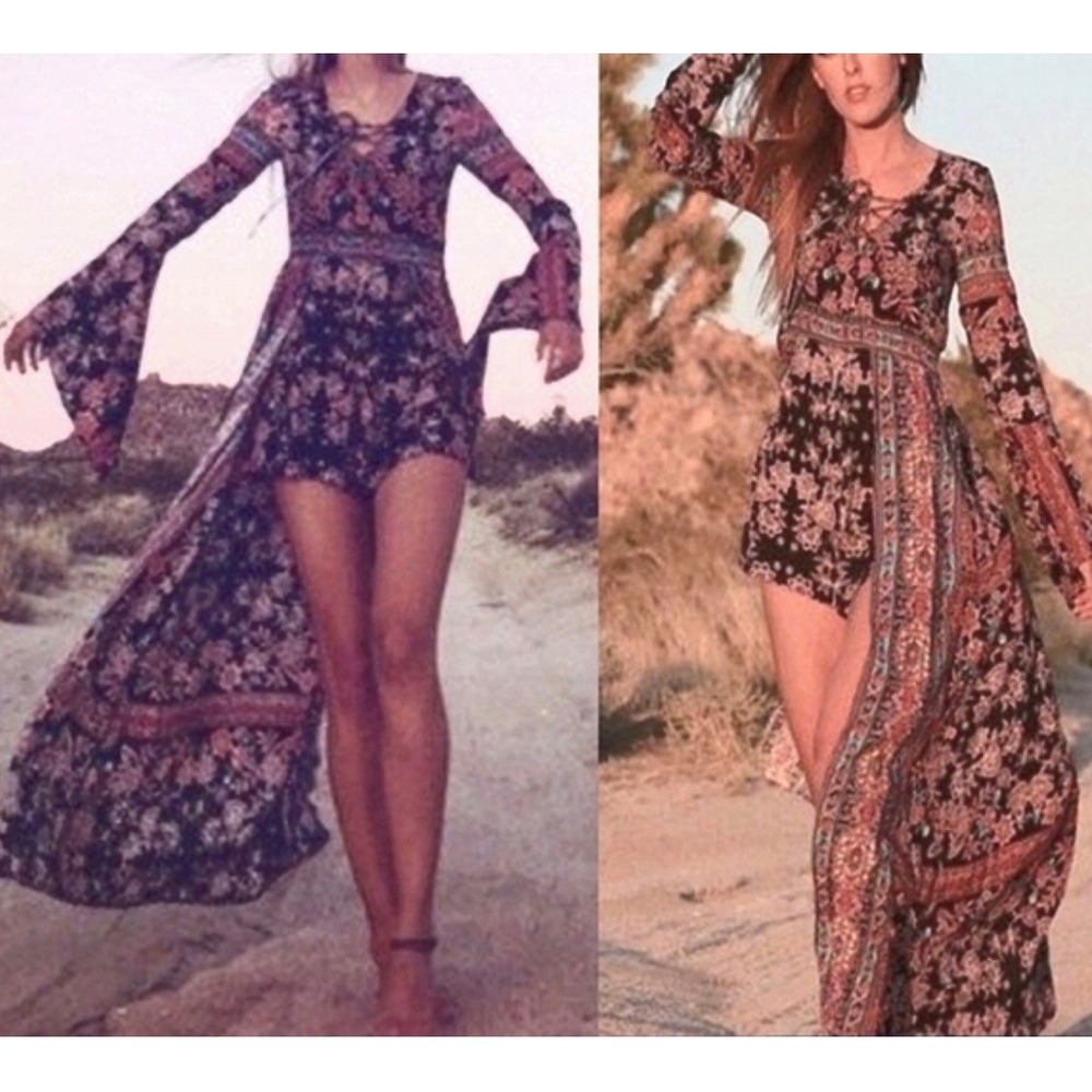 Classic Rock Couture Floral Maxi Romper Bell Sleeve Boho Festival Small